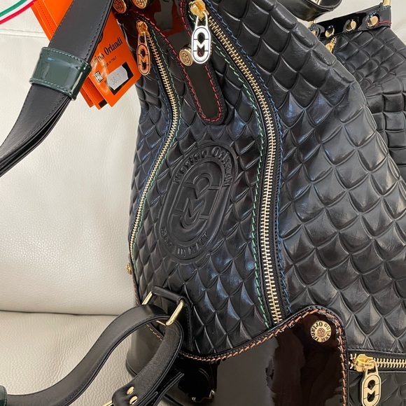 MARINO ORLANDI Italy XL BLACK ShoulderBag/Tote converts to Sling Emboss Leather - Picture 11 of 15
